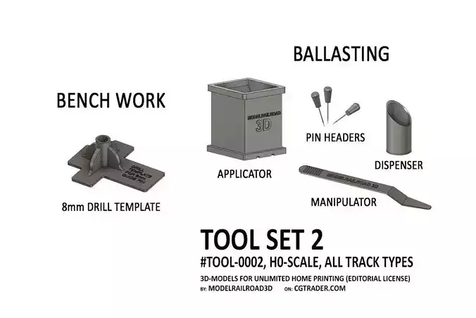 TOOL-0002 Ballasting tool set of 4 items for H0-scale 3D print model