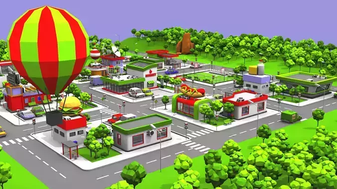 Cartoon Low Poly City Low-poly 3D model