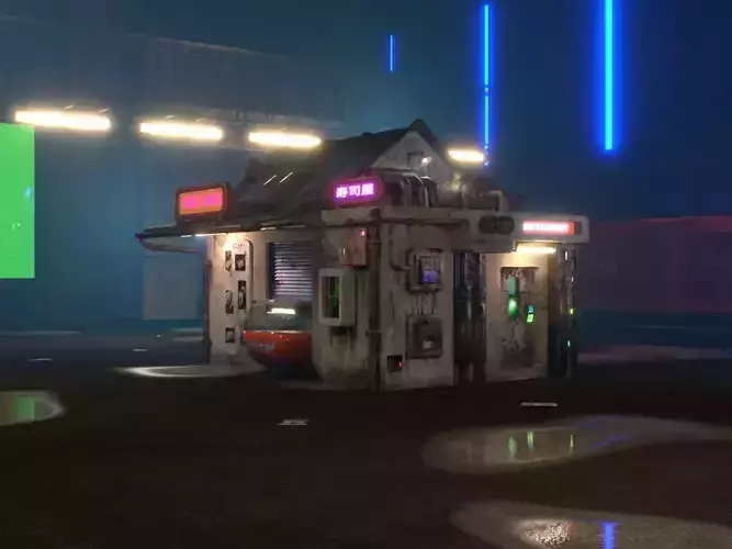 Low Poly Cyberpunk Sushi House for Games or Rendering Low-poly 3D model