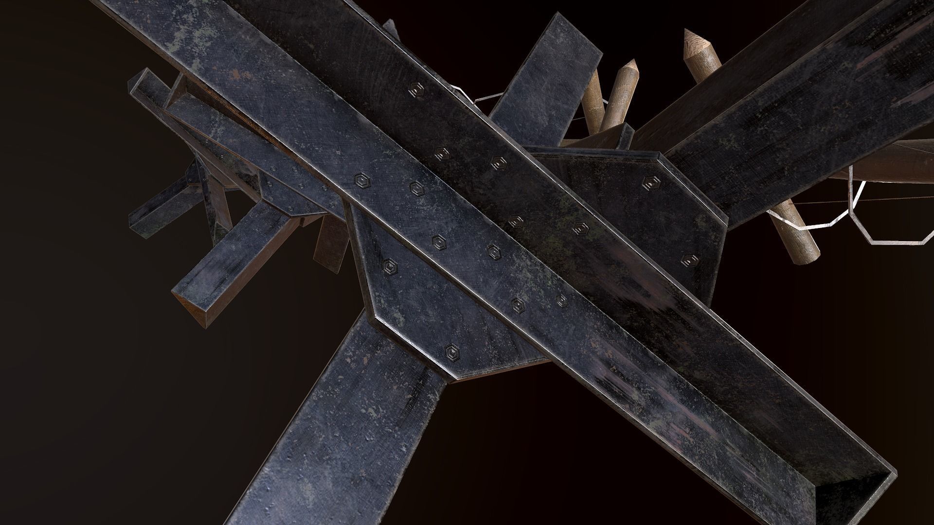 Hedgehog Antitank and barbed wire PBR Low-poly 3D model_3