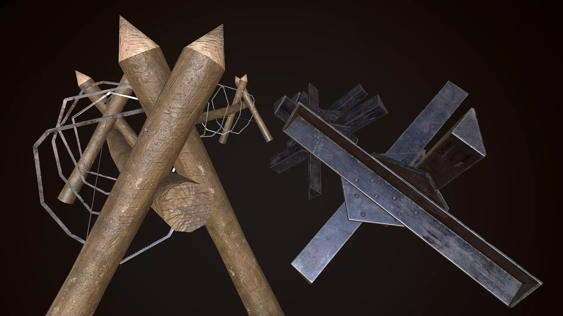 Hedgehog Antitank and barbed wire PBR Low-poly 3D model_0