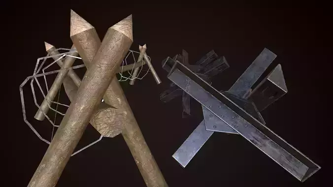 Hedgehog Antitank and barbed wire PBR Low-poly 3D model