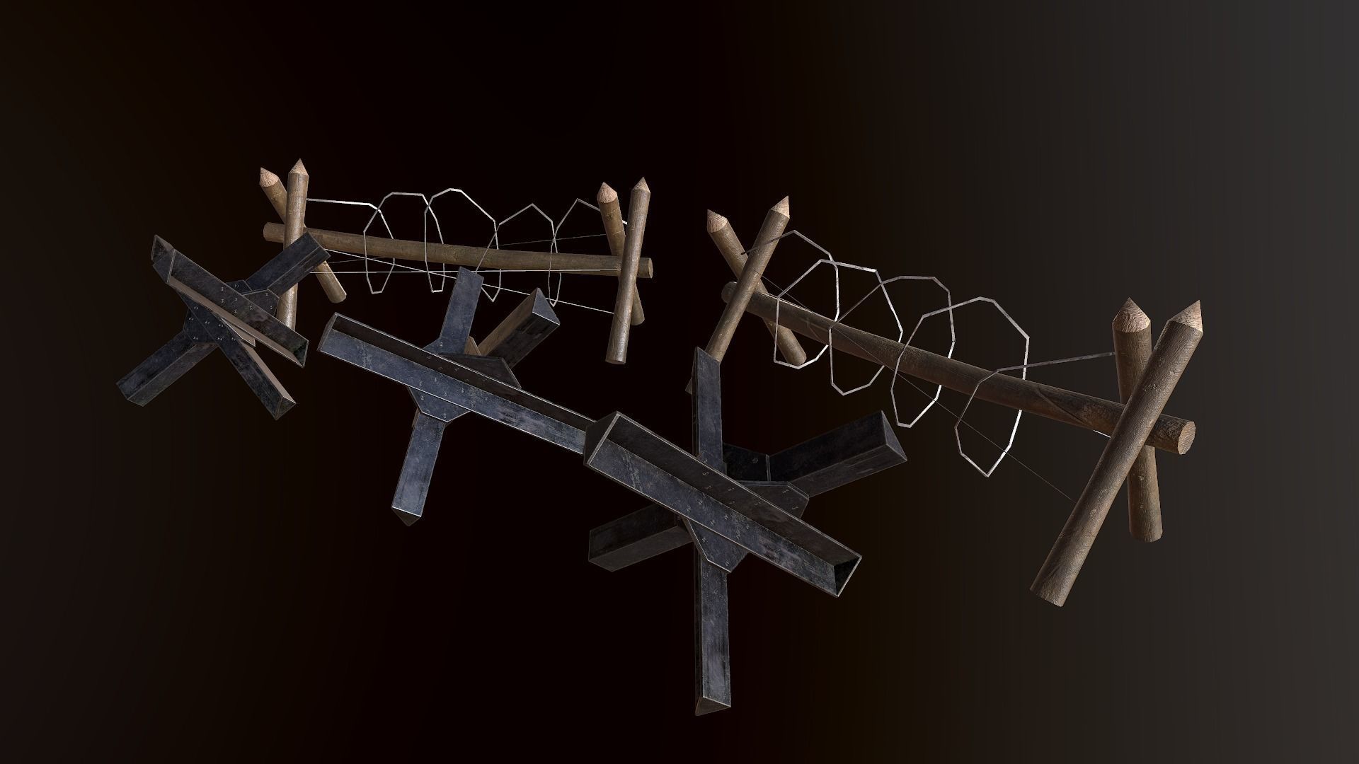 Hedgehog Antitank and barbed wire PBR Low-poly 3D model_2