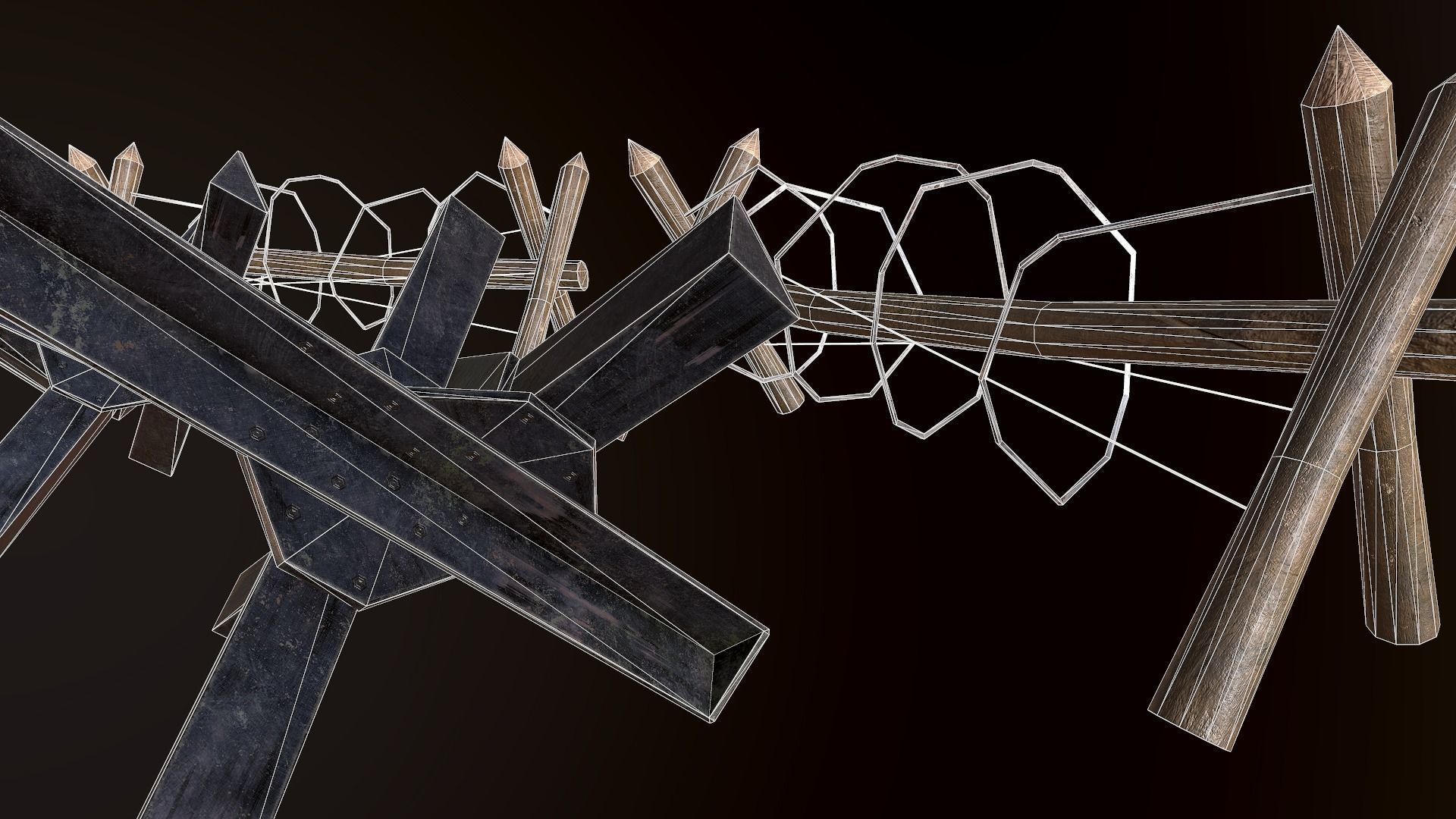 Hedgehog Antitank and barbed wire PBR Low-poly 3D model_6
