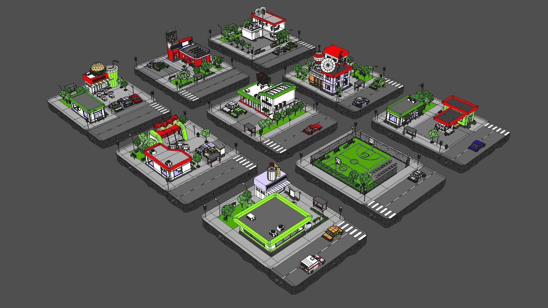 Cartoon Low Poly City - 9 Blocks Low-poly 3D model_2