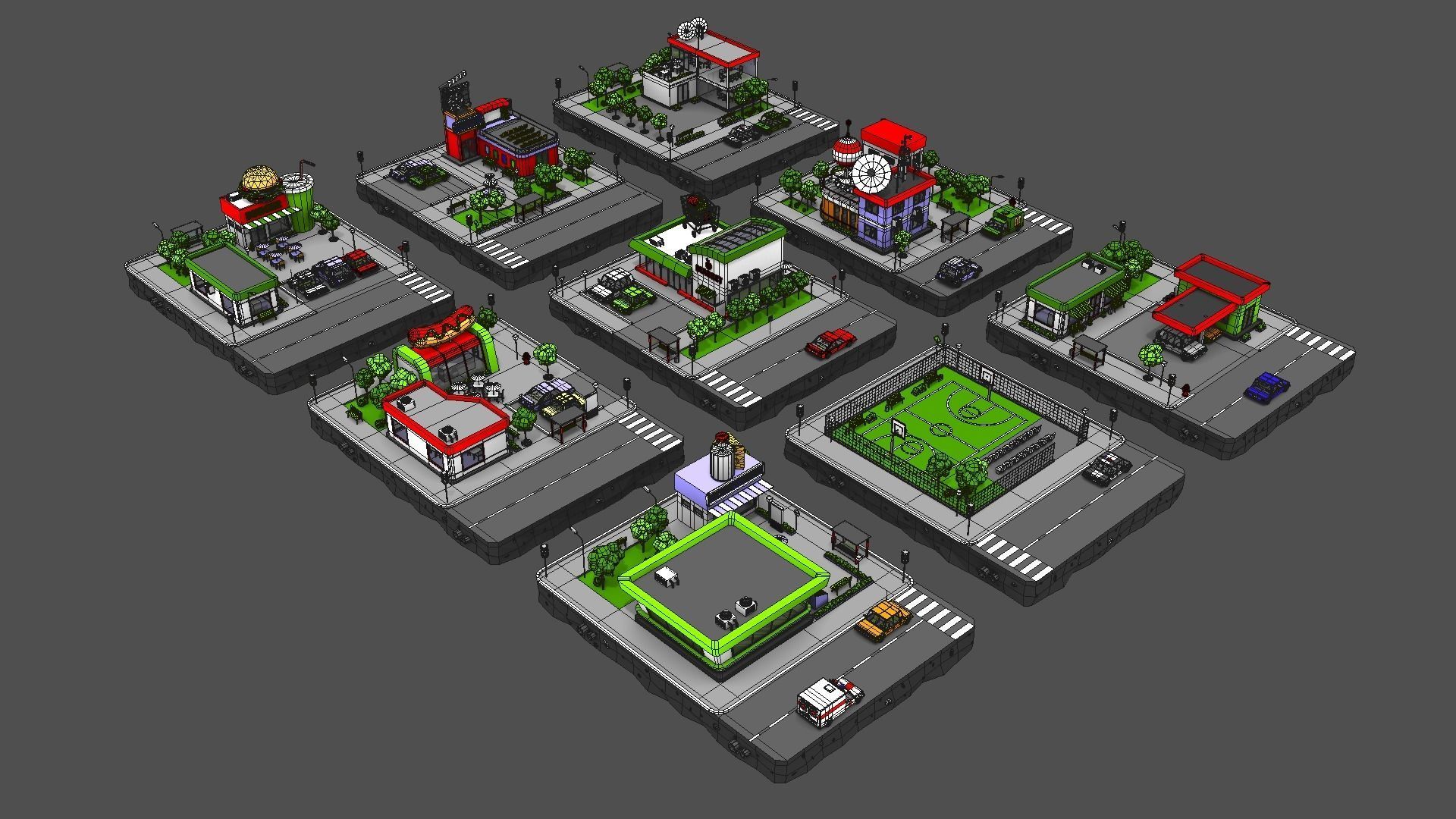 Cartoon Low Poly City - 9 Blocks Low-poly 3D model_1