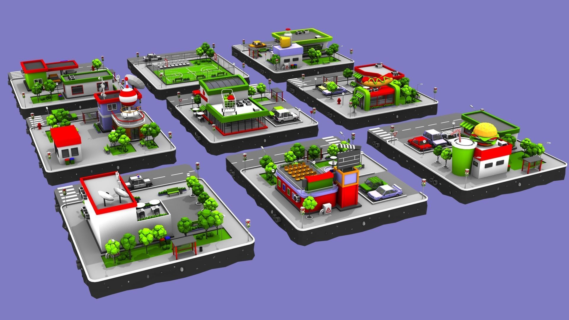 Cartoon Low Poly City - 9 Blocks Low-poly 3D model_4