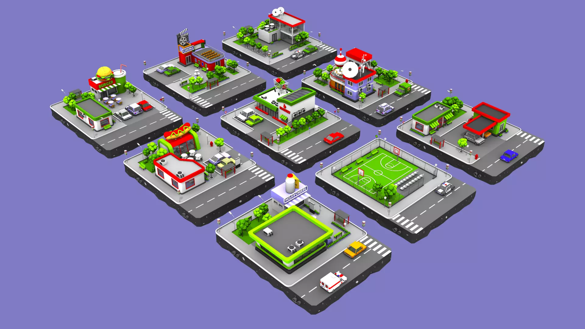 Cartoon Low Poly City - 9 Blocks Low-poly 3D model_0