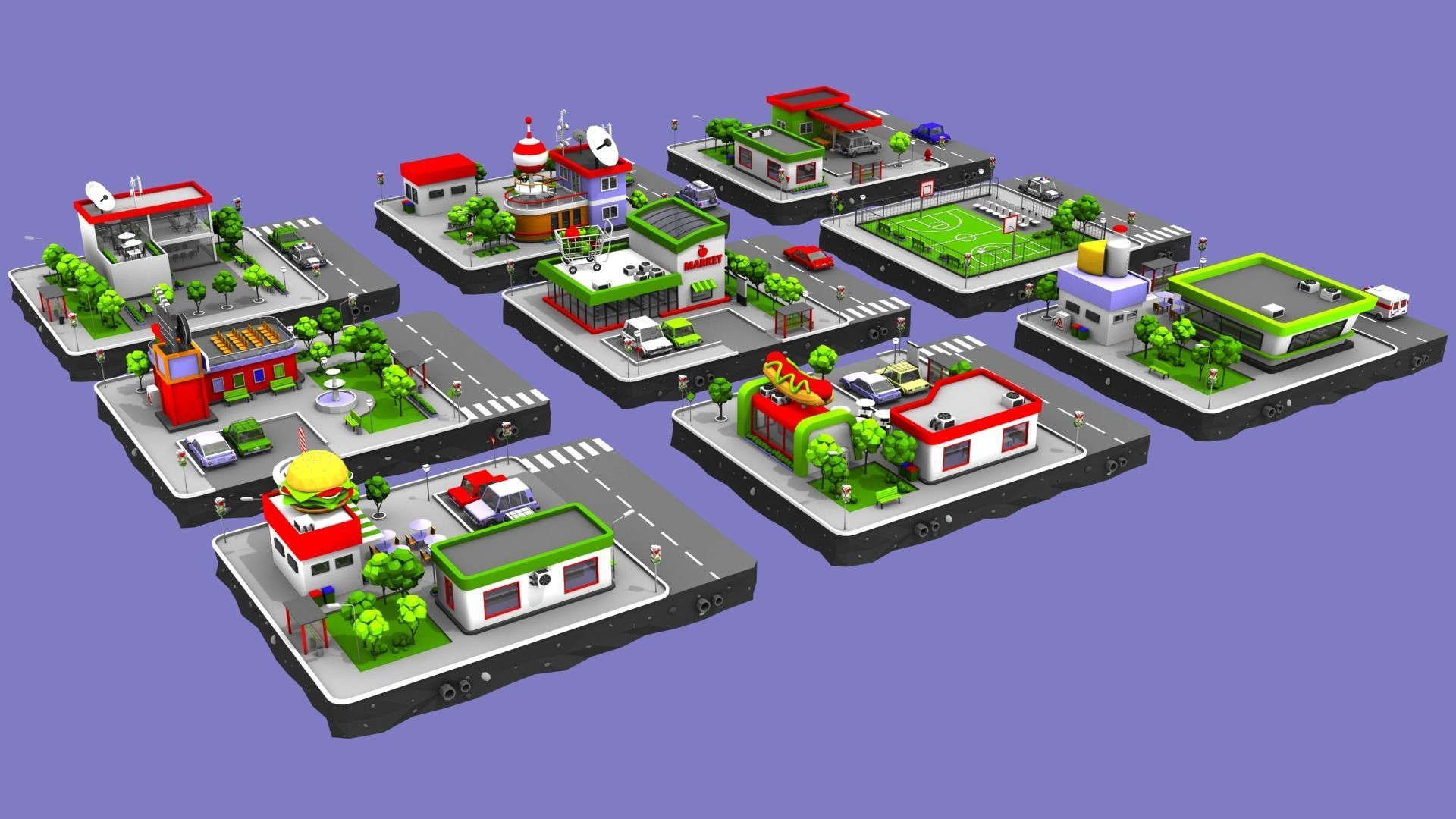 Cartoon Low Poly City - 9 Blocks Low-poly 3D model_5
