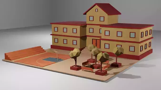 Low Poly School house with trees
