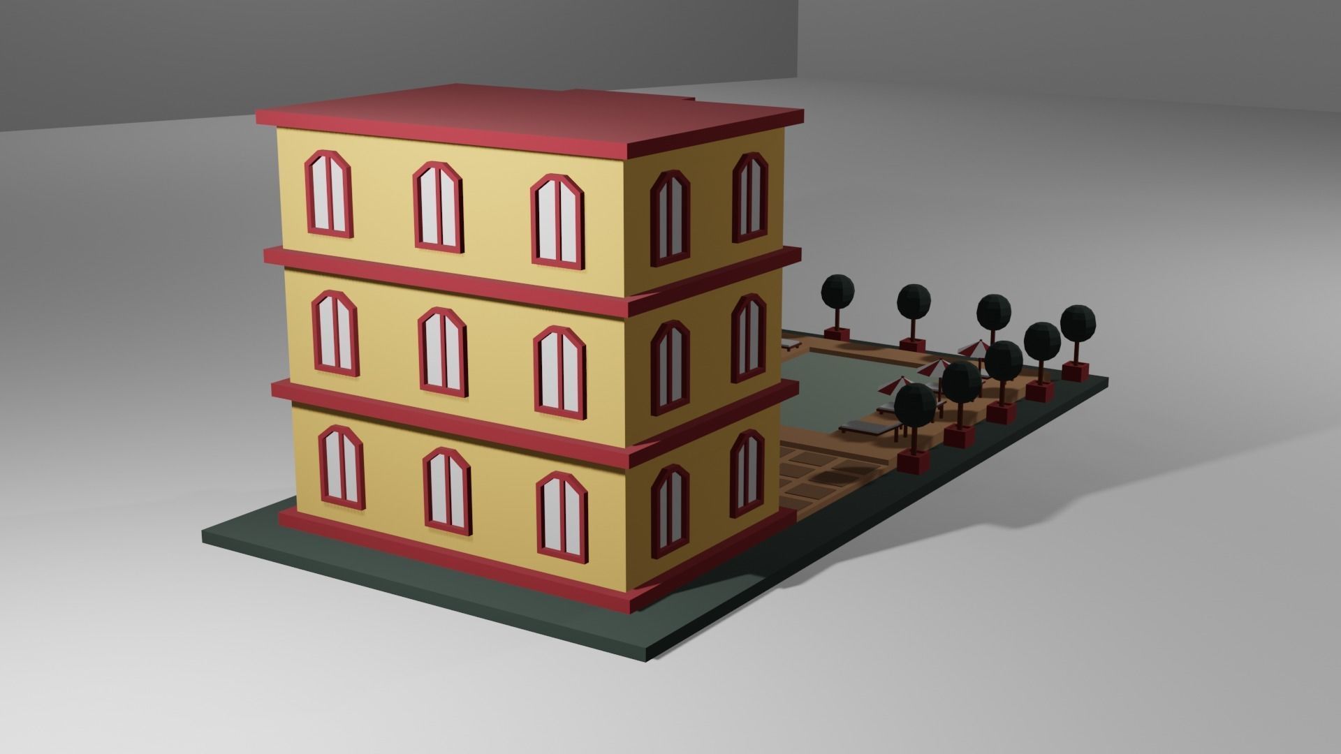 Low Poly Hotel building with trees and plants Low-poly 3D model_2