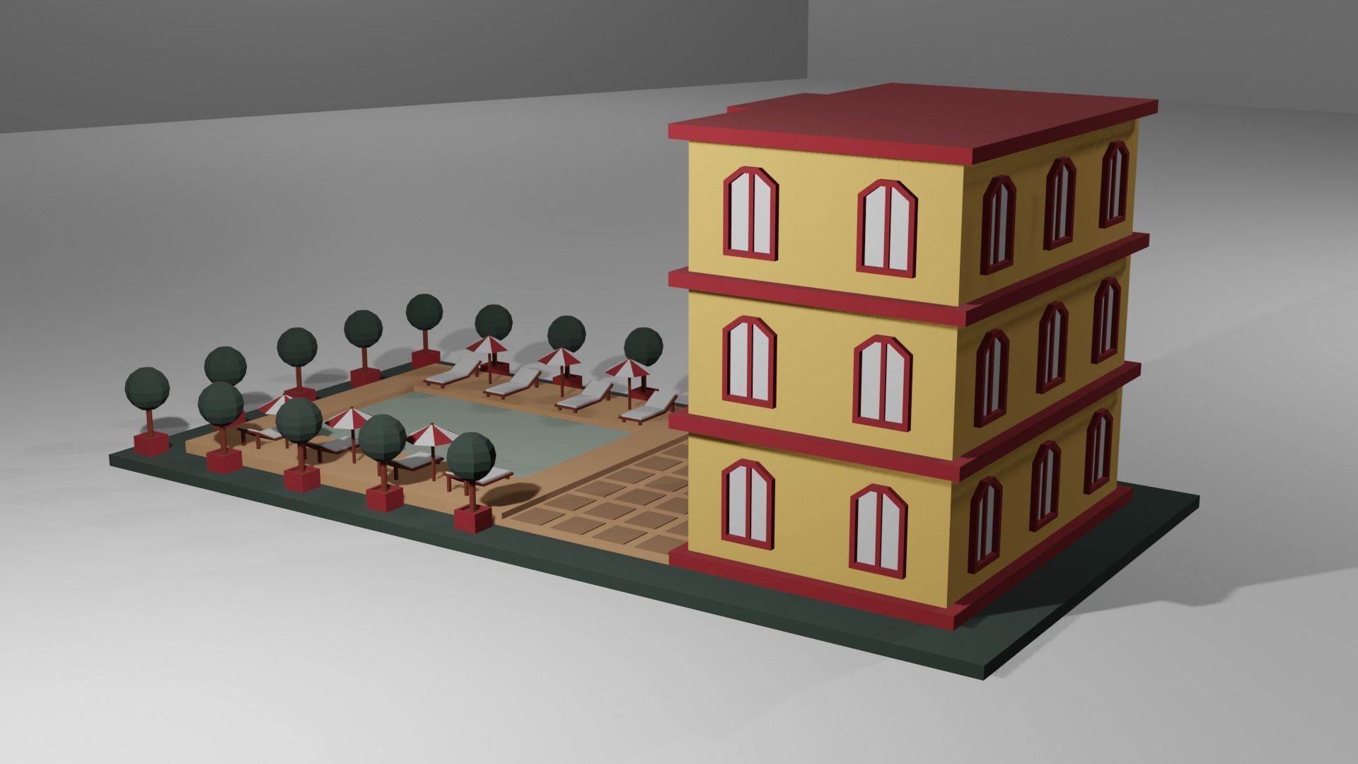 Low Poly Hotel building with trees and plants Low-poly 3D model_1