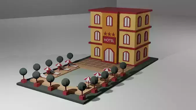 Low Poly Hotel building with trees and plants