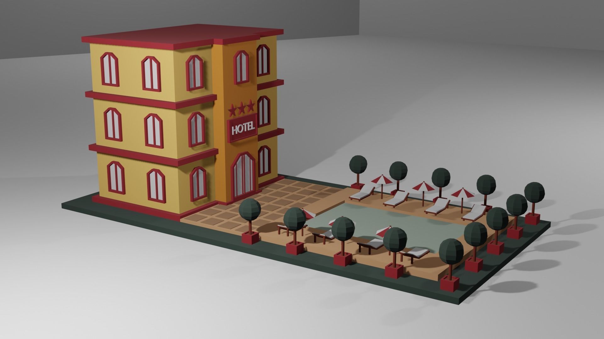 Low Poly Hotel building with trees and plants Low-poly 3D model_3
