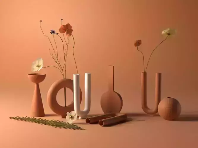 Terracotta Vases with Flowers 3D model