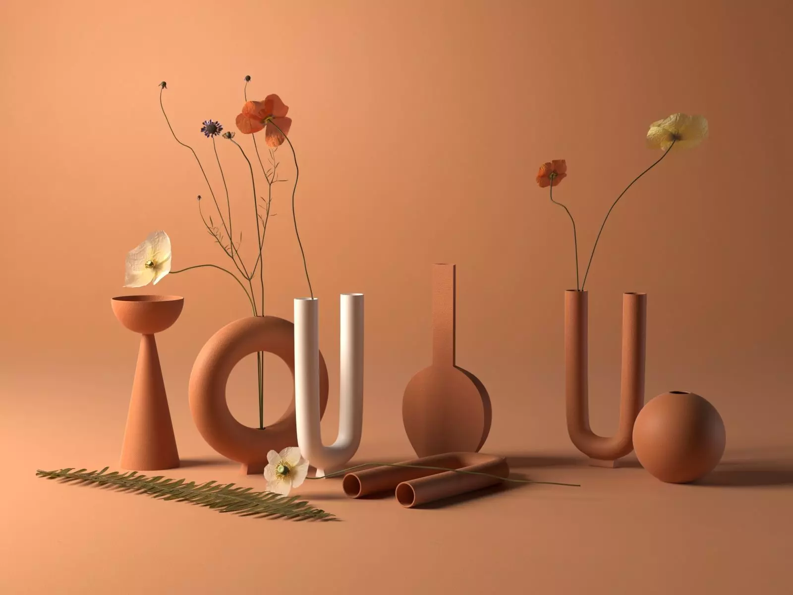 Terracotta Vases with Flowers 3D model_0