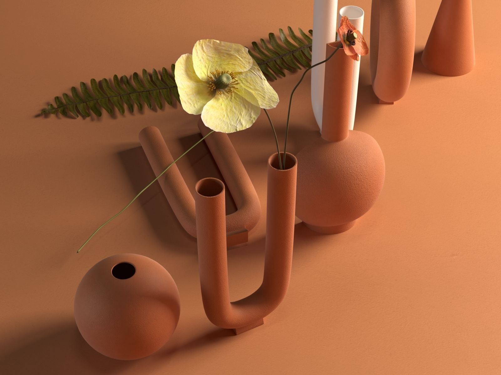 Terracotta Vases with Flowers 3D model_1