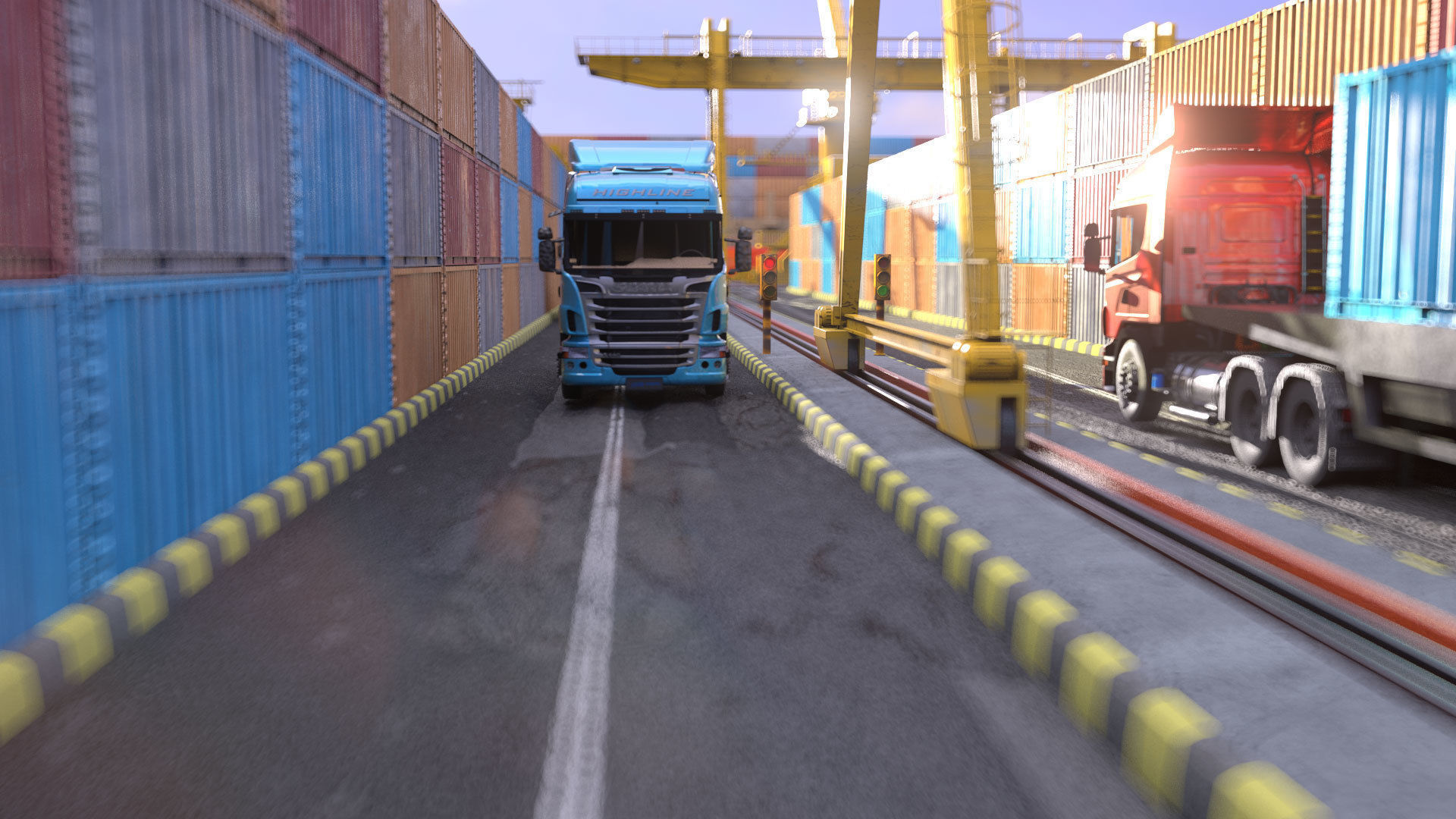 wharf container terminal with trucks and containers 3D model_6