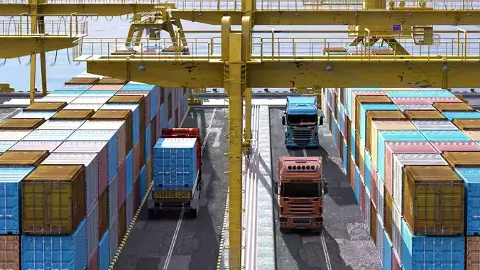 wharf container terminal with trucks and containers