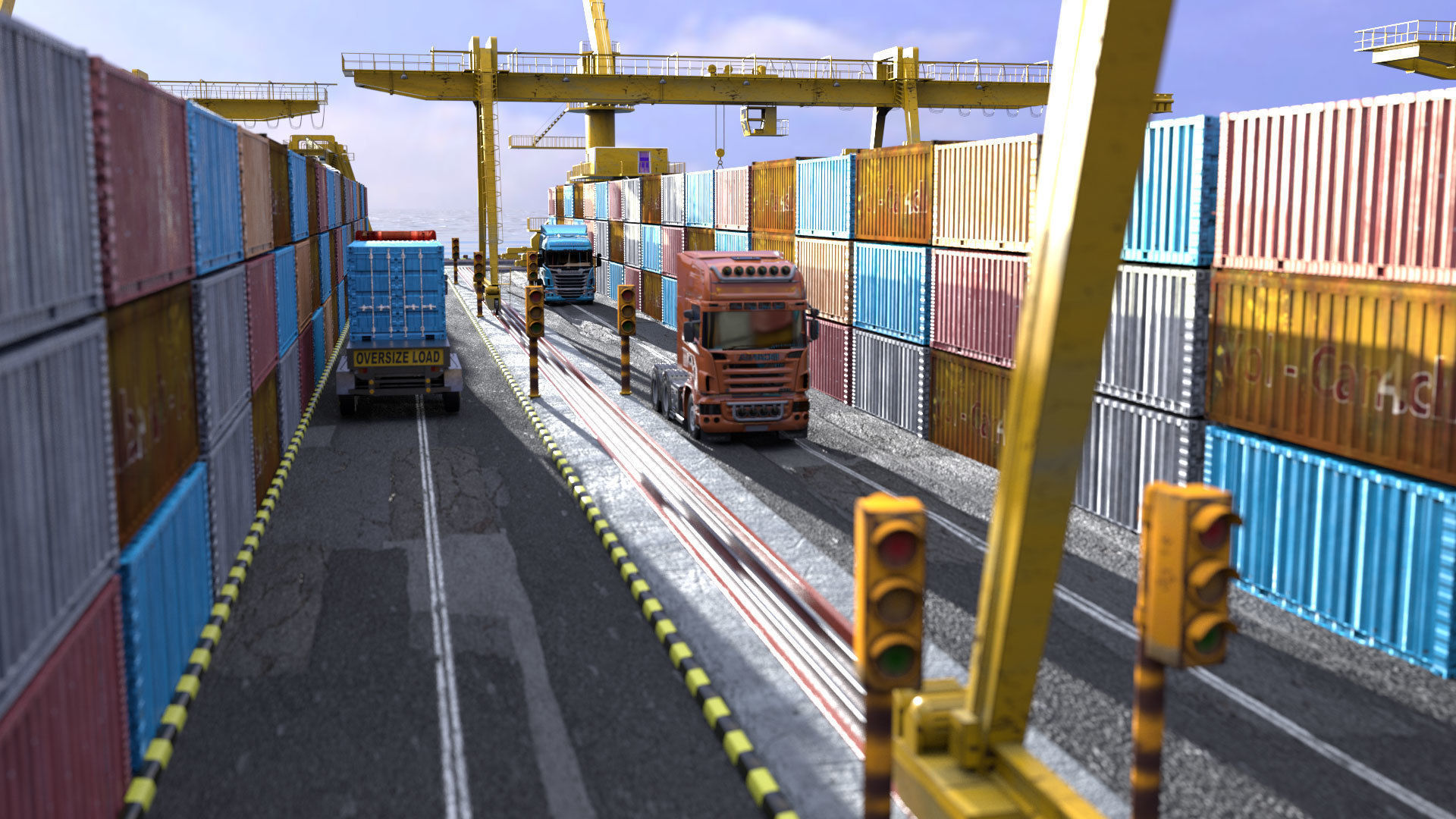 wharf container terminal with trucks and containers 3D model_3