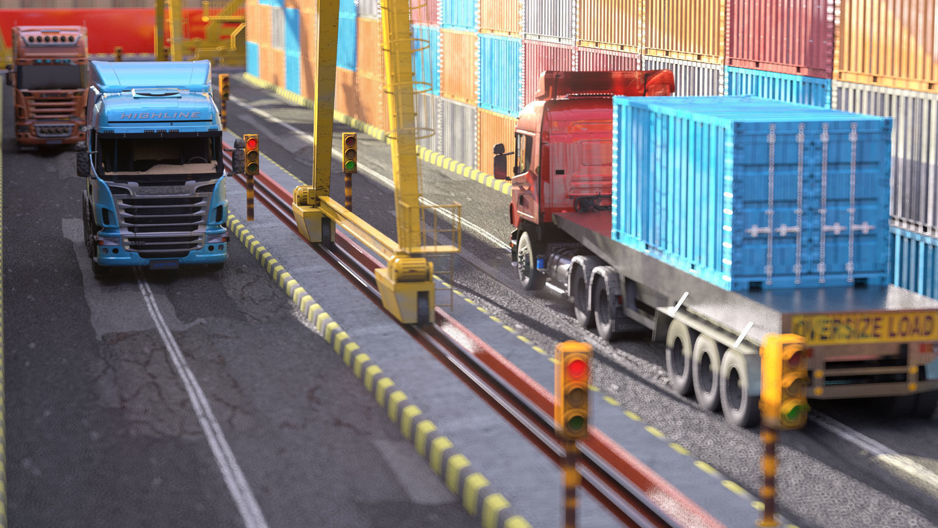 wharf container terminal with trucks and containers 3D model_7