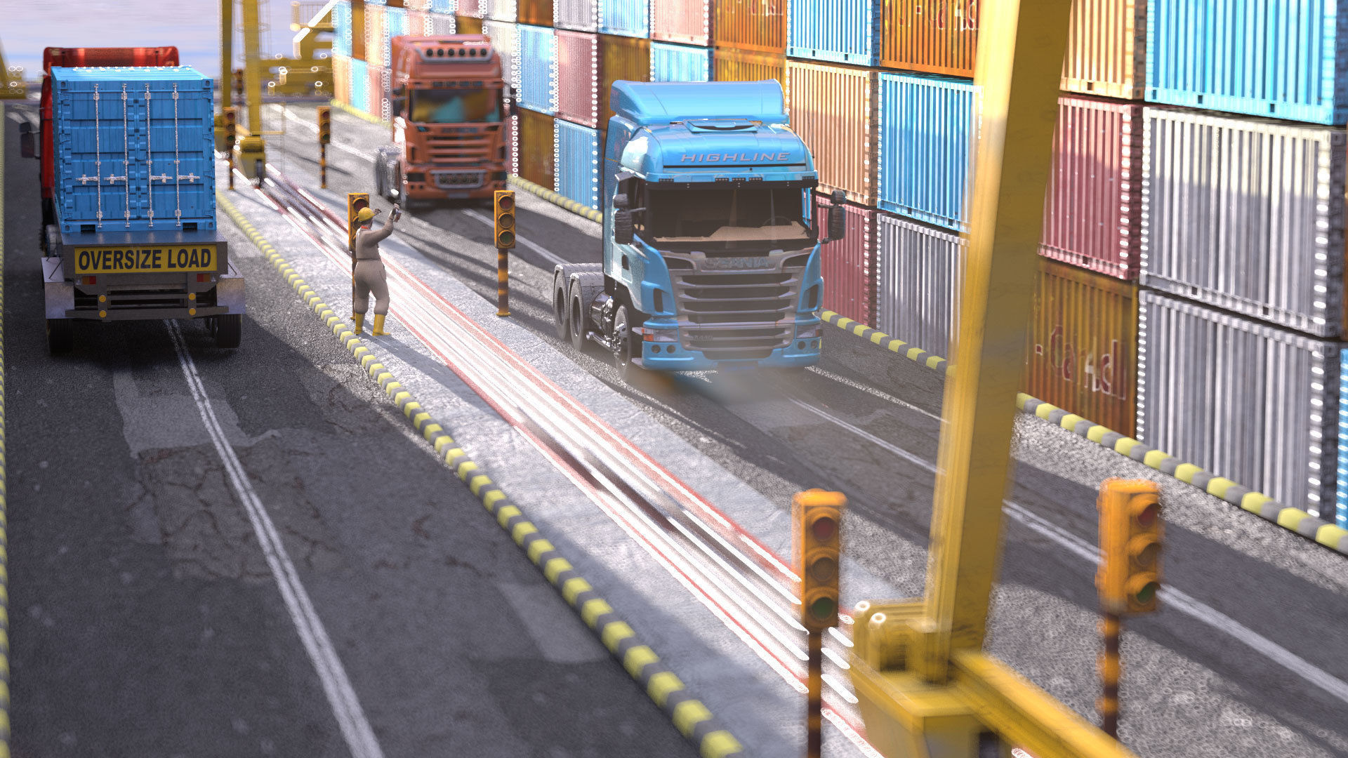 wharf container terminal with trucks and containers 3D model_4