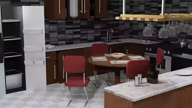 Low Poly Kitchen Set cabinet with doors and drawers Free 3D model