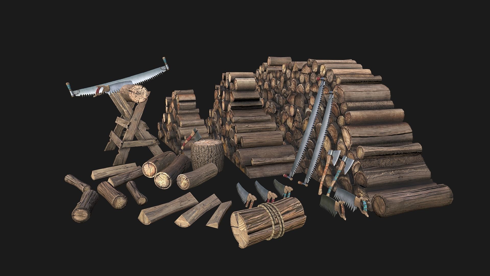 Set of Lumberjack and Firewood Low-poly 3D model_4