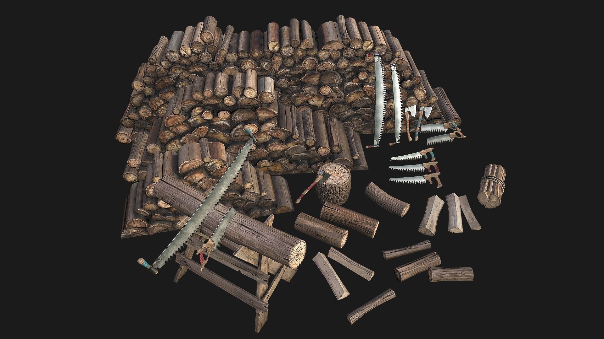 Set of Lumberjack and Firewood Low-poly 3D model_2