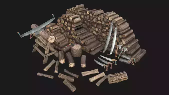 Set of Lumberjack and Firewood Low-poly 3D model