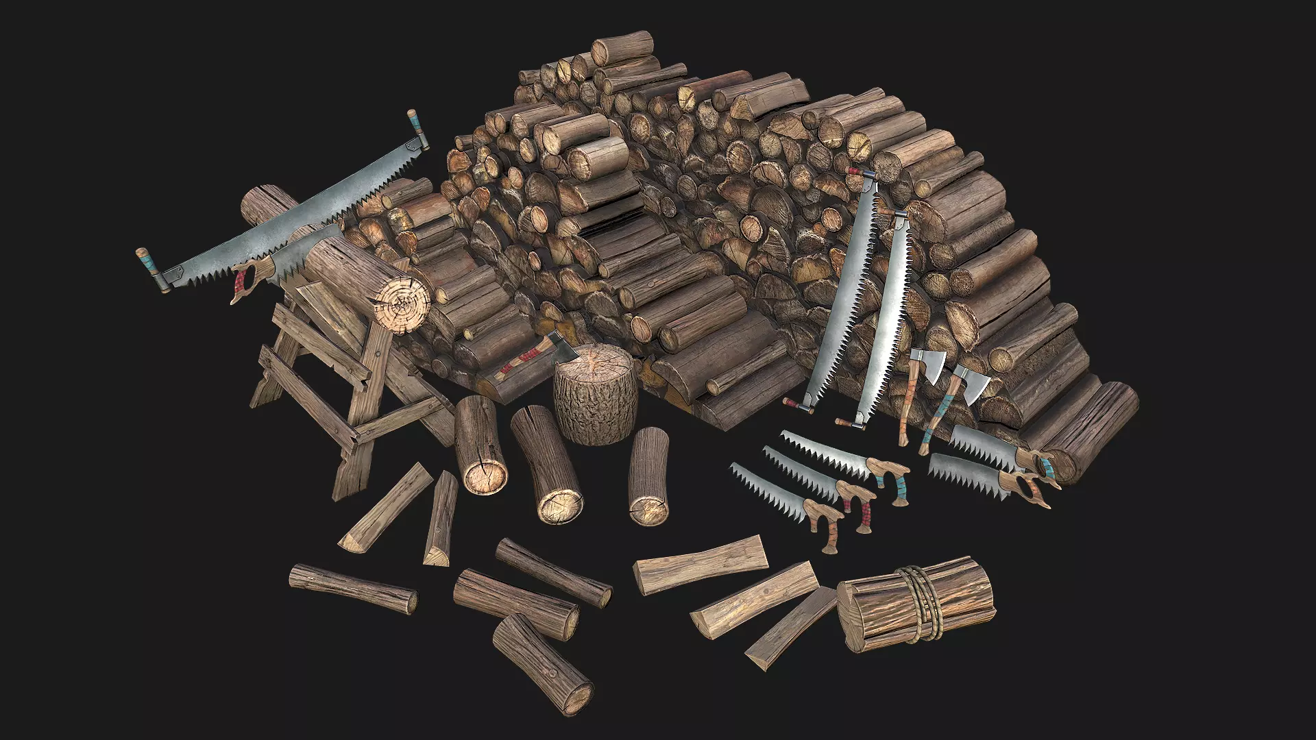 Set of Lumberjack and Firewood Low-poly 3D model_0