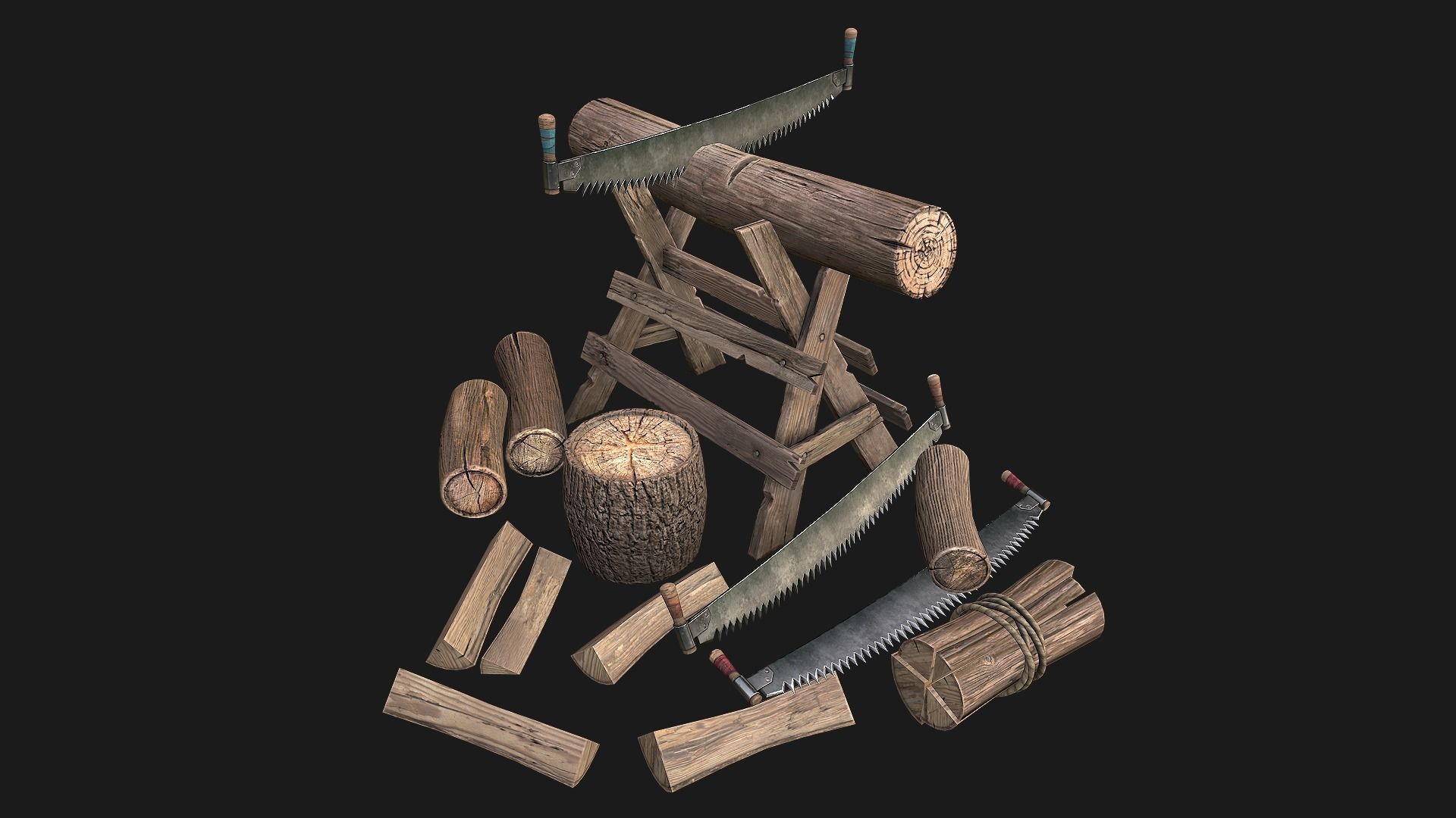 Set of Lumberjack and Firewood Low-poly 3D model_56