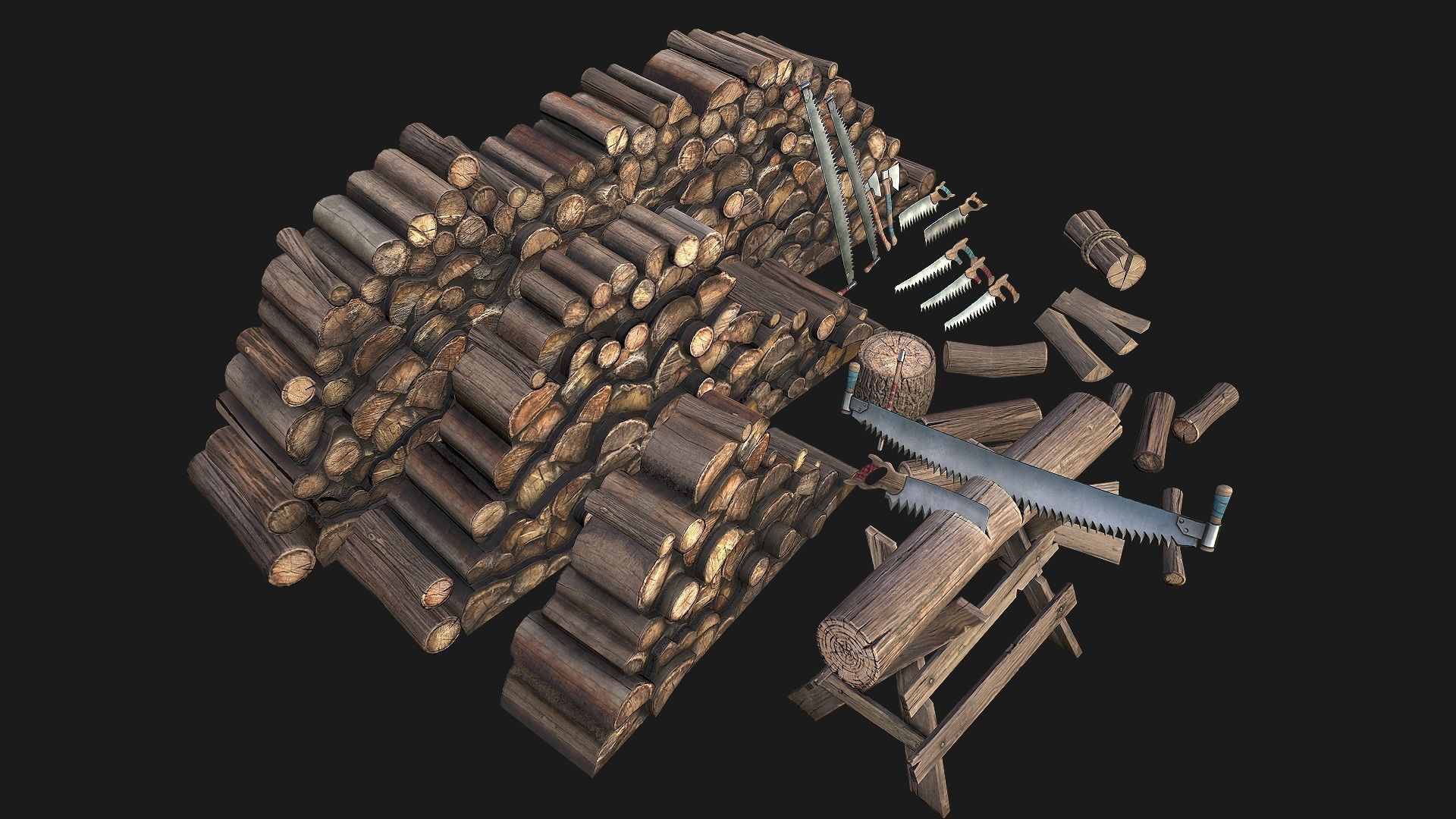 Set of Lumberjack and Firewood Low-poly 3D model_3