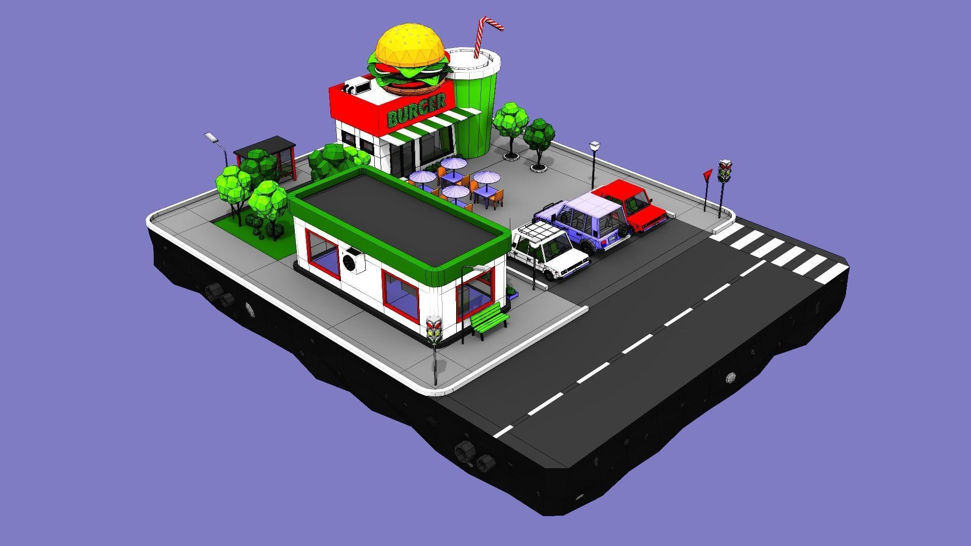 Burger Cafe Block from Cartoon Low Poly City Low-poly 3D model_1