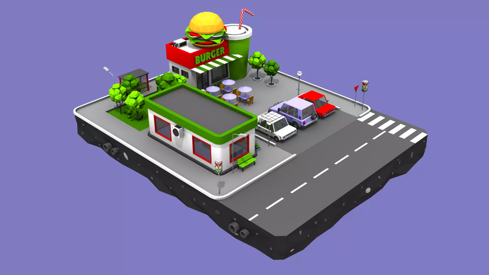 Burger Cafe Block from Cartoon Low Poly City Low-poly 3D model_0