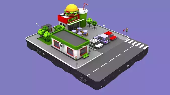 Burger Cafe Block from Cartoon Low Poly City Low-poly 3D model