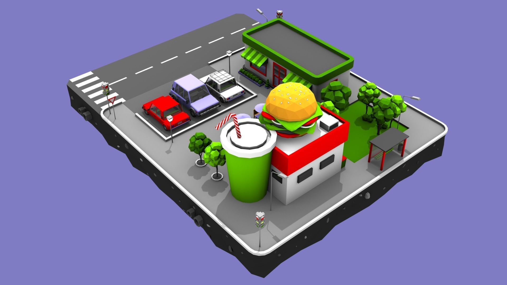 Burger Cafe Block from Cartoon Low Poly City Low-poly 3D model_4