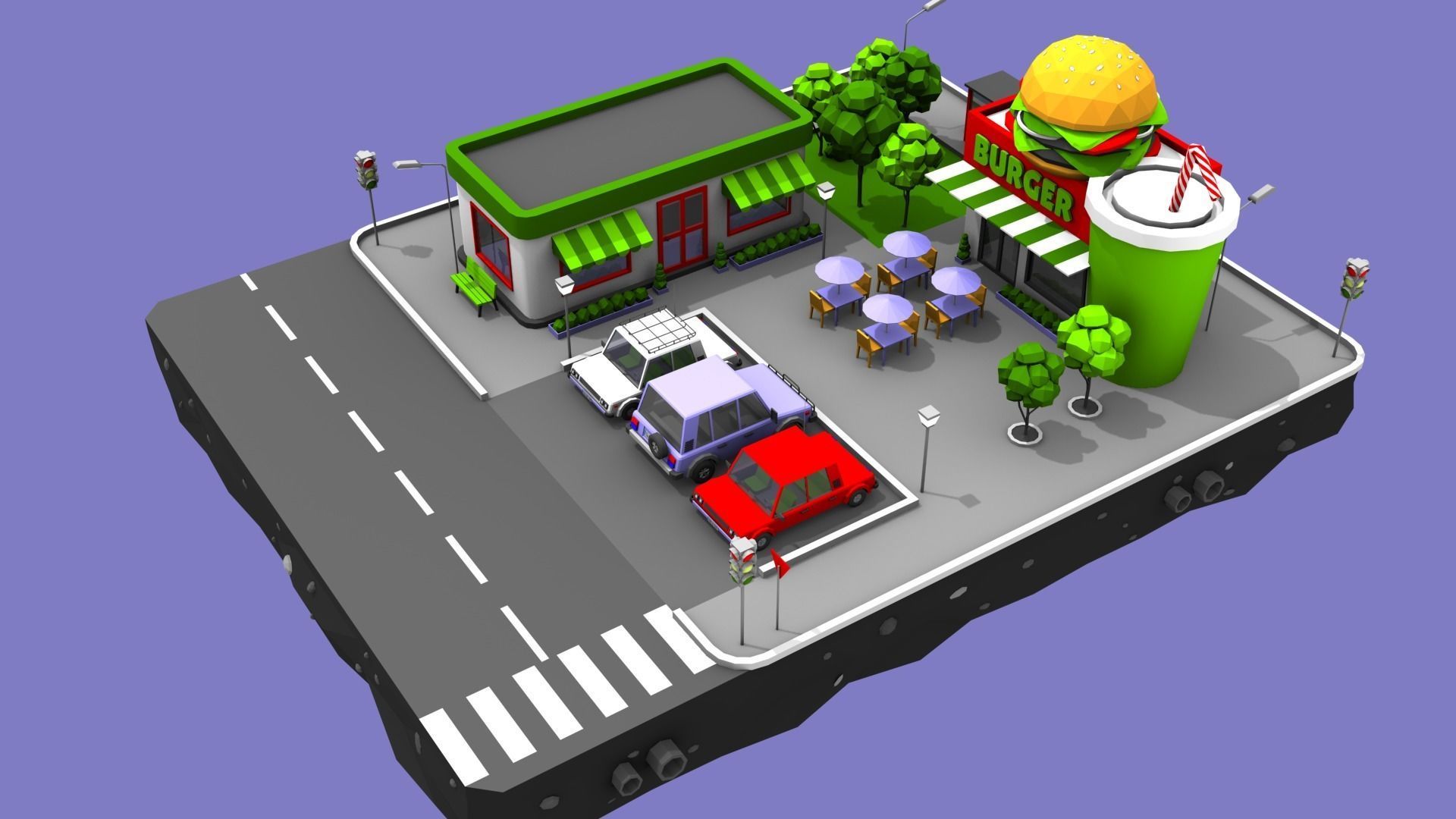 Burger Cafe Block from Cartoon Low Poly City Low-poly 3D model_3