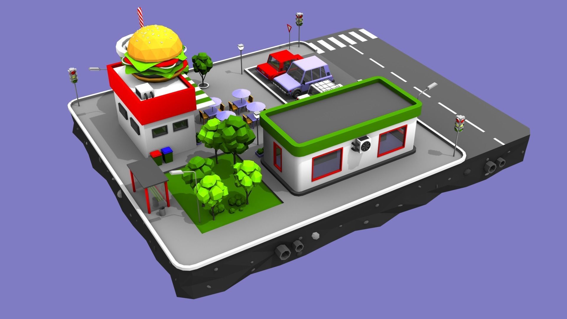 Burger Cafe Block from Cartoon Low Poly City Low-poly 3D model_5