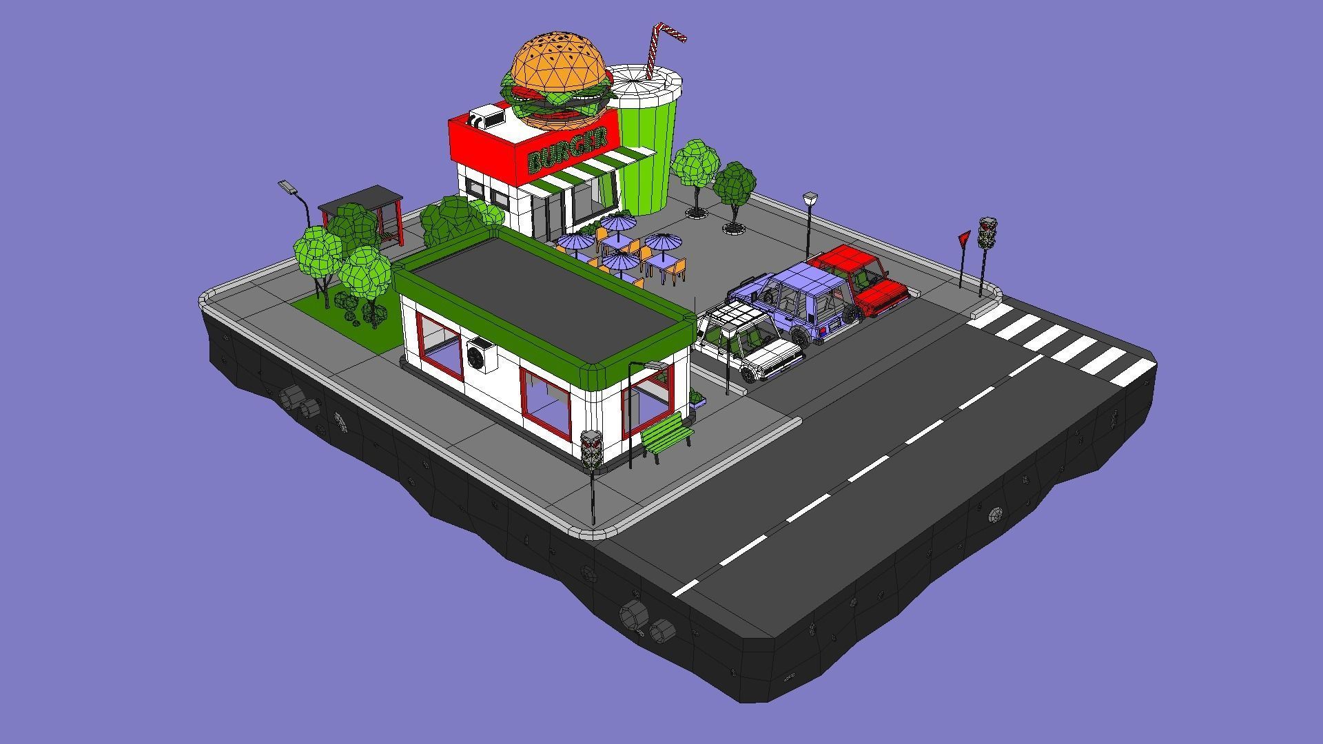 Burger Cafe Block from Cartoon Low Poly City Low-poly 3D model_2