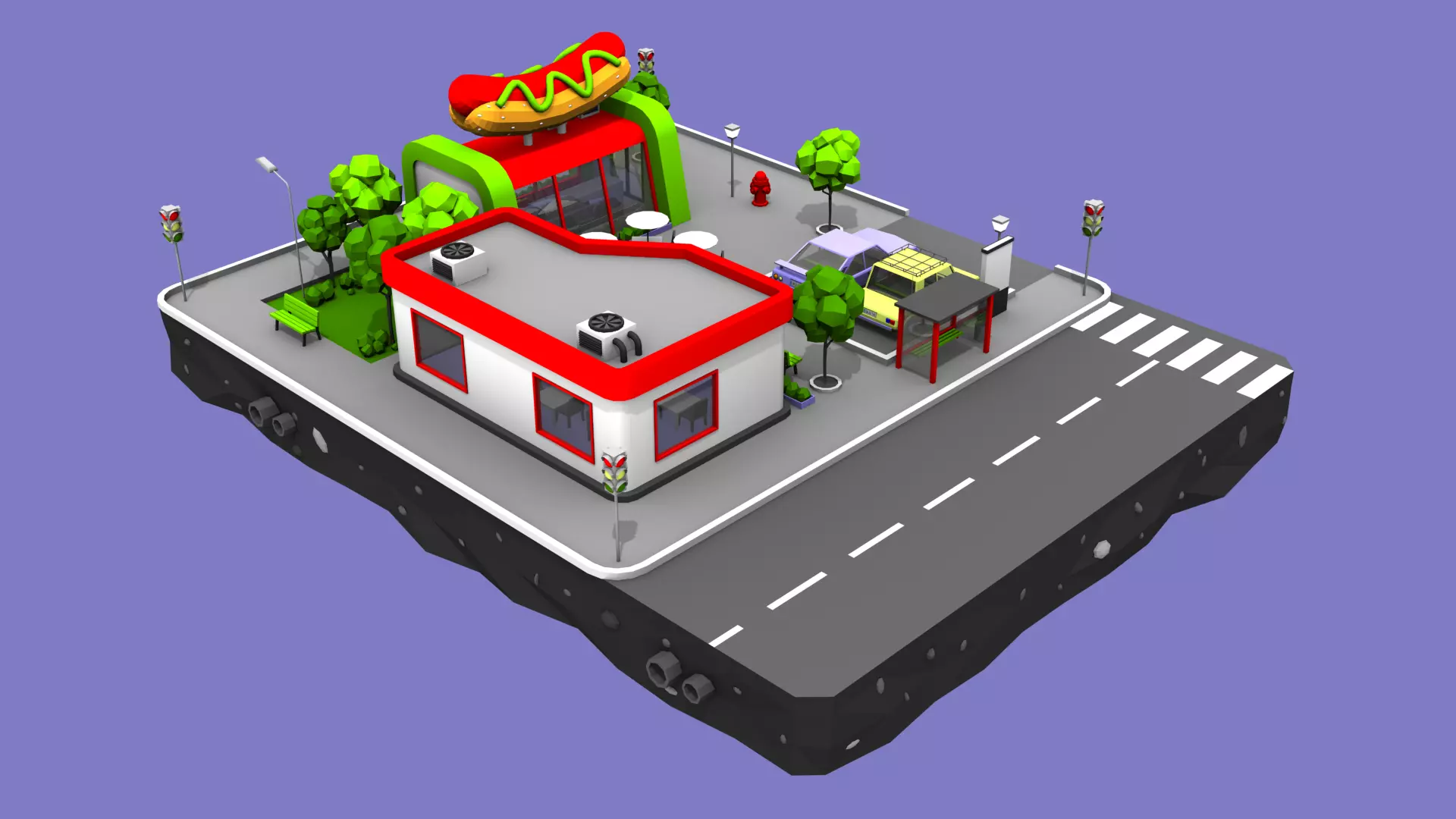 Hot Dog Cafe Block from Cartoon Low Poly City Low-poly 3D model_0