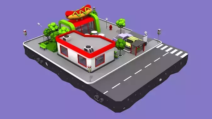 Hot Dog Cafe Block from Cartoon Low Poly City Low-poly 3D model