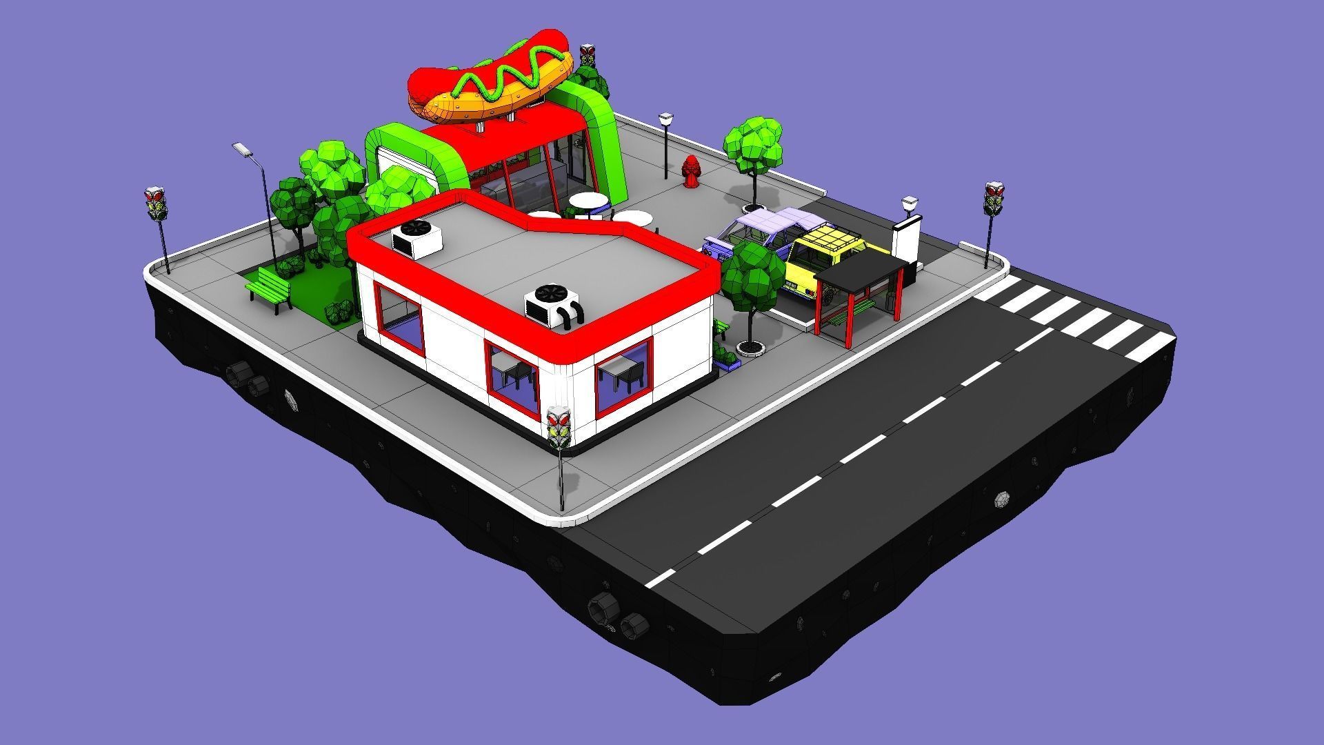 Hot Dog Cafe Block from Cartoon Low Poly City Low-poly 3D model_1