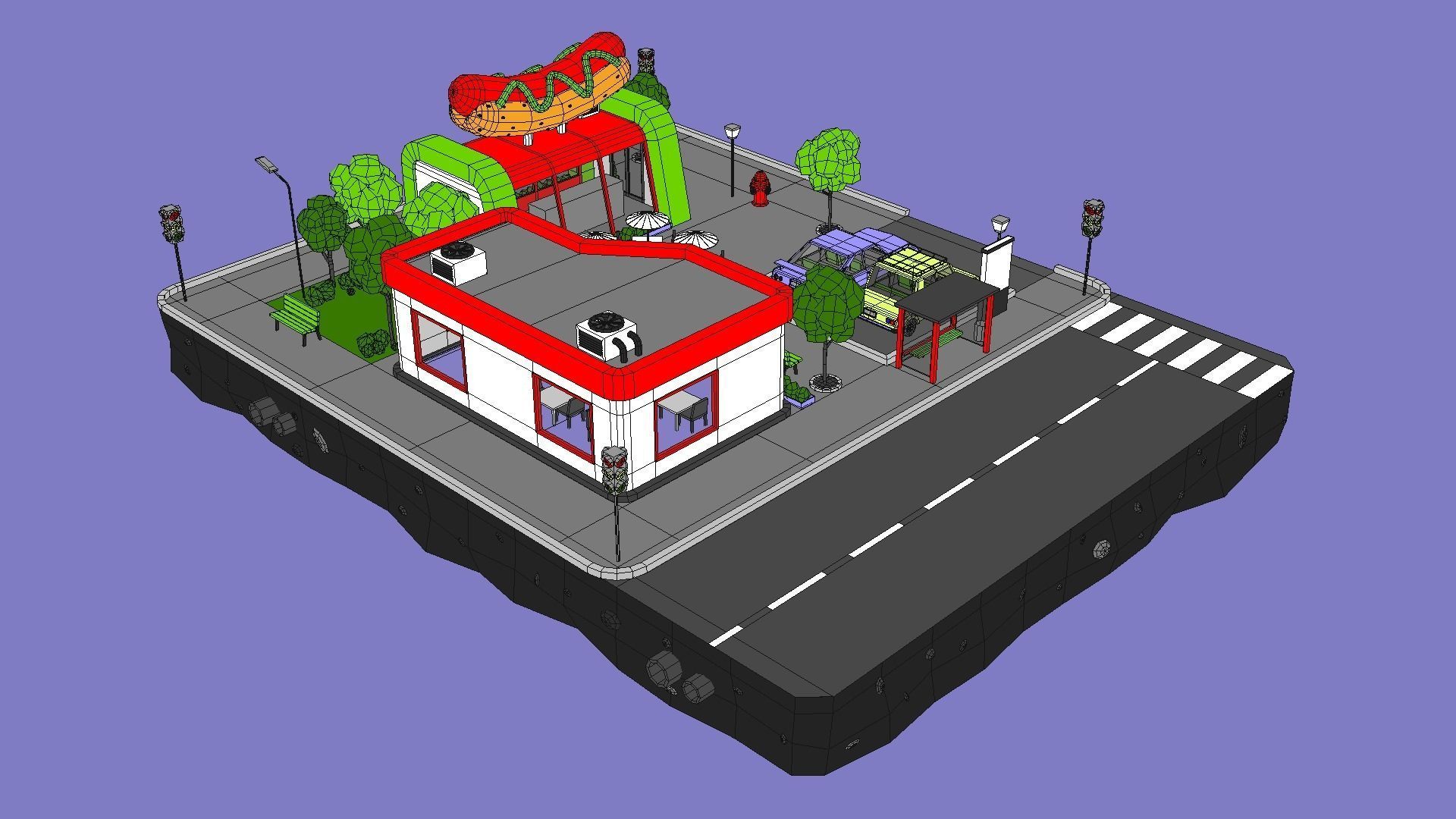 Hot Dog Cafe Block from Cartoon Low Poly City Low-poly 3D model_2