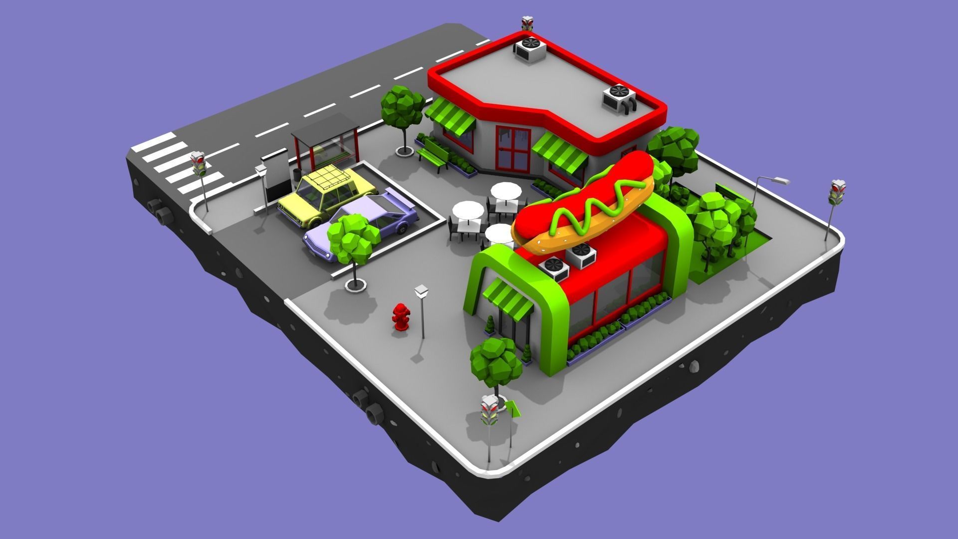 Hot Dog Cafe Block from Cartoon Low Poly City Low-poly 3D model_4