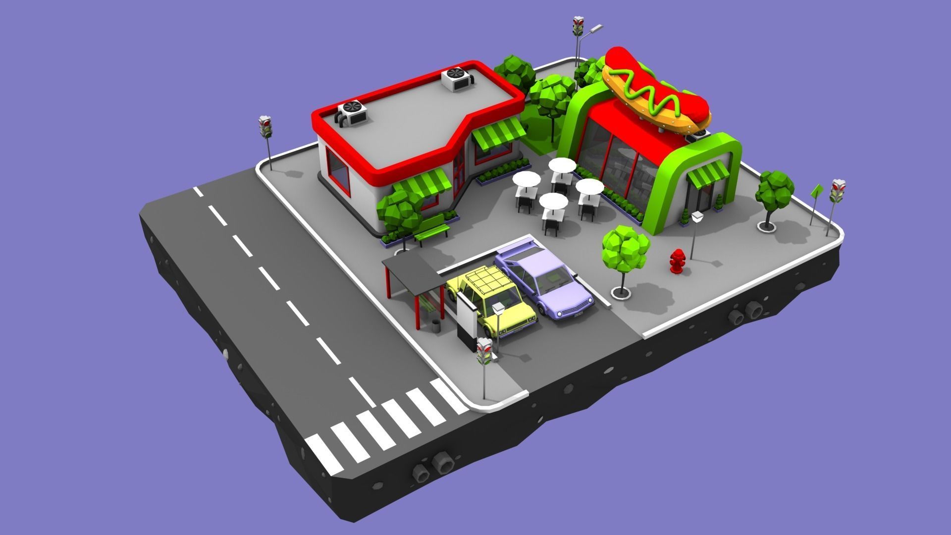 Hot Dog Cafe Block from Cartoon Low Poly City Low-poly 3D model_3