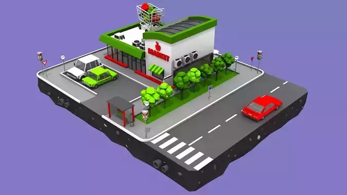 Supermarket Block from Cartoon Low Poly City