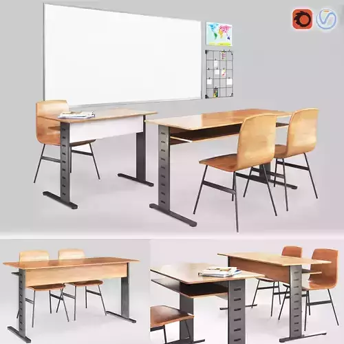 Classroom desk with two chairs and metal frame 3D model