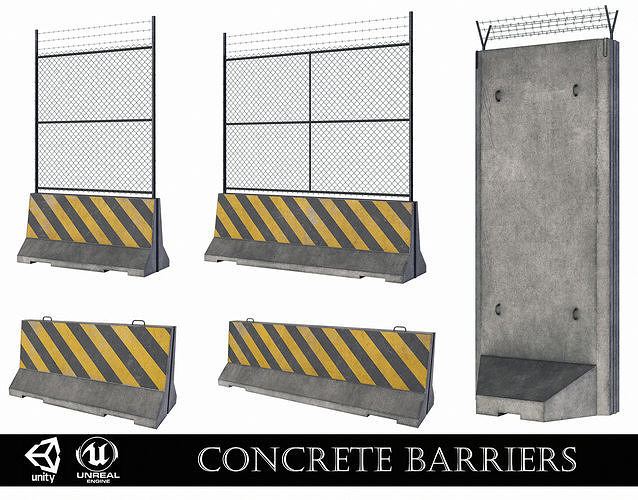 Set of 5 Concrete Barriers Low-poly 3D model