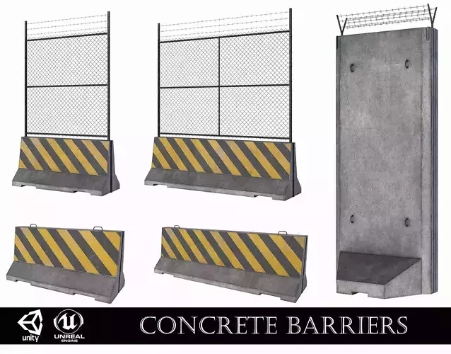 Set of 5 Concrete Barriers Low-poly 3D model